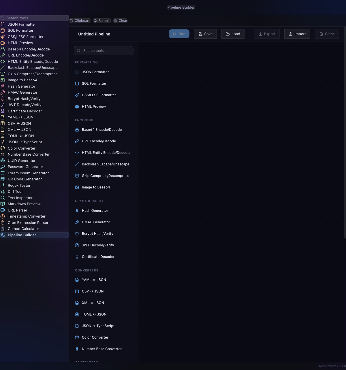 DevToolbox Pipeline Builder — visual node editor for chaining tools into custom workflows